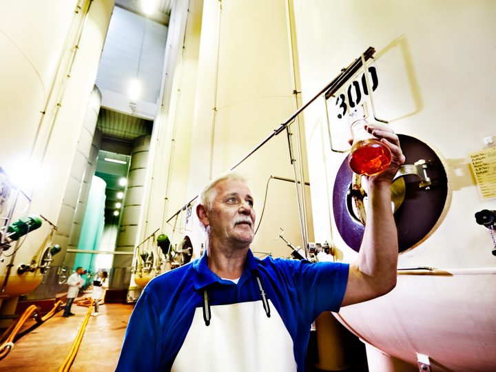 Brauer inspiziert Bier in Großbrauerei-Anlage.